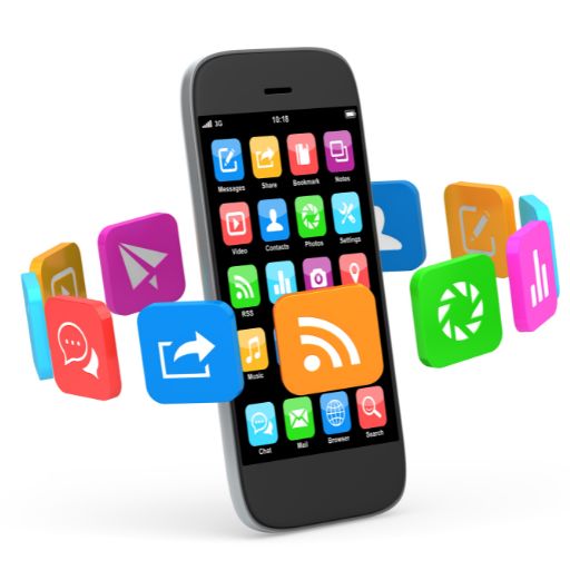 Mobile App Development Company in Kochi creating innovative smartphone applications with colorful app icons representing digital technology and user engagement.