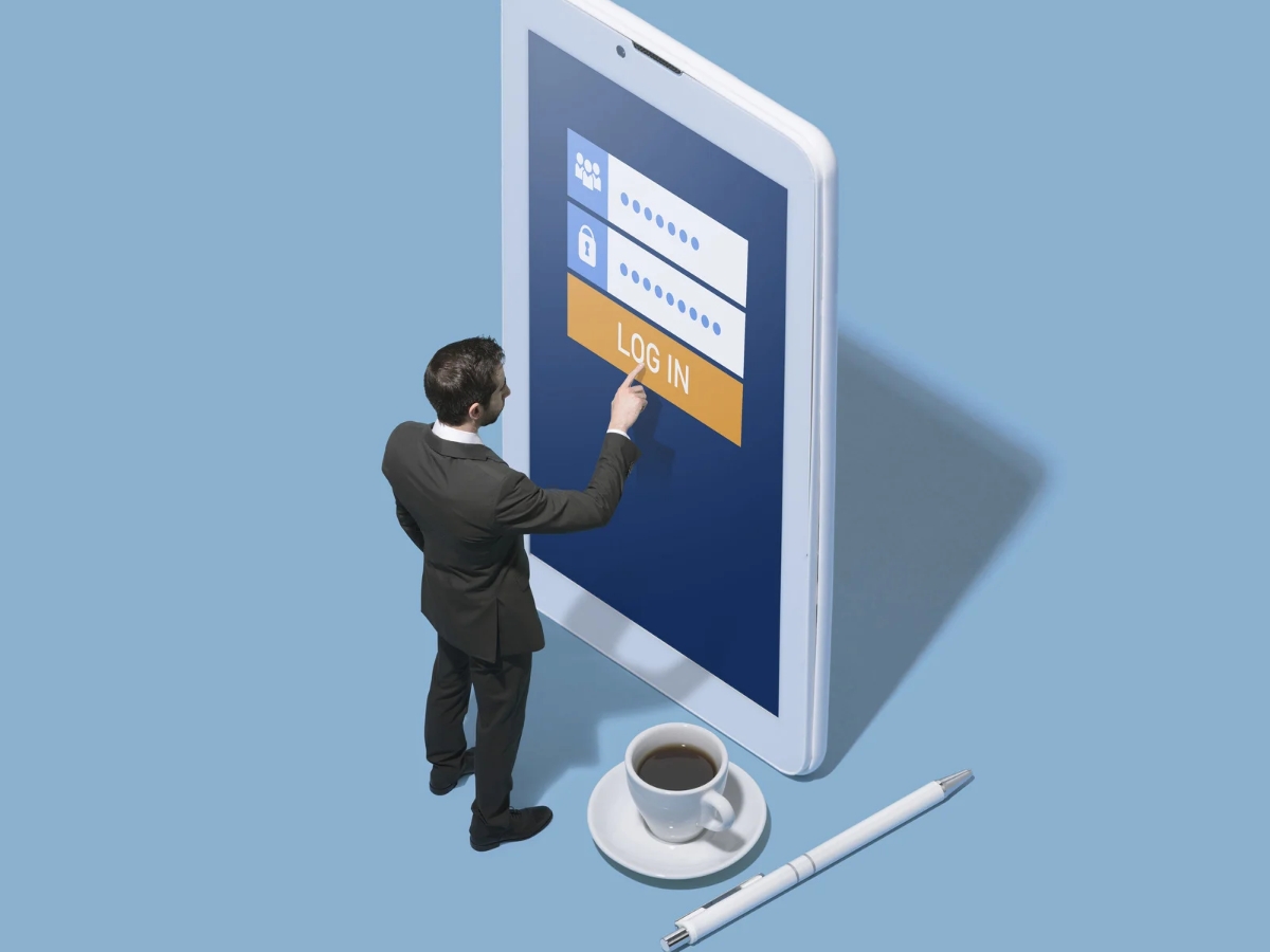 Professional engaging with digital login screen concept, showcasing services of a mobile app development company in Kerala