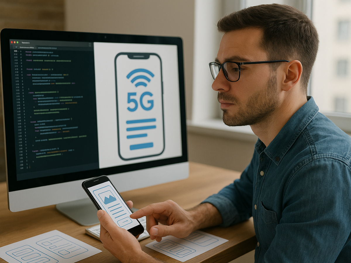 Developer working on mobile app development services in India, designing a 5G-enabled app interface on desktop and smartphone.