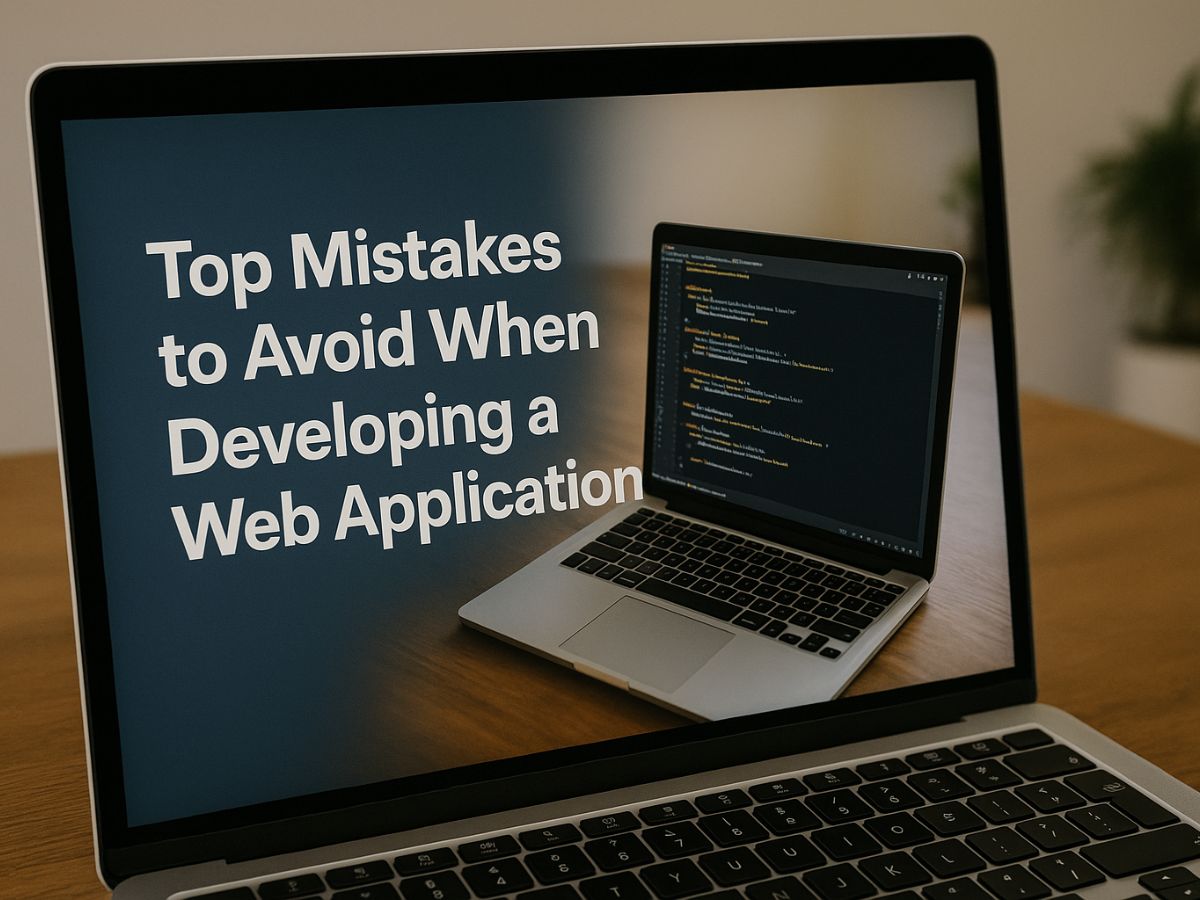 A laptop screen displaying code and text reading “Top Mistakes to Avoid When Developing a Web Application,” representing best practices and pitfalls in custom web app development in India.