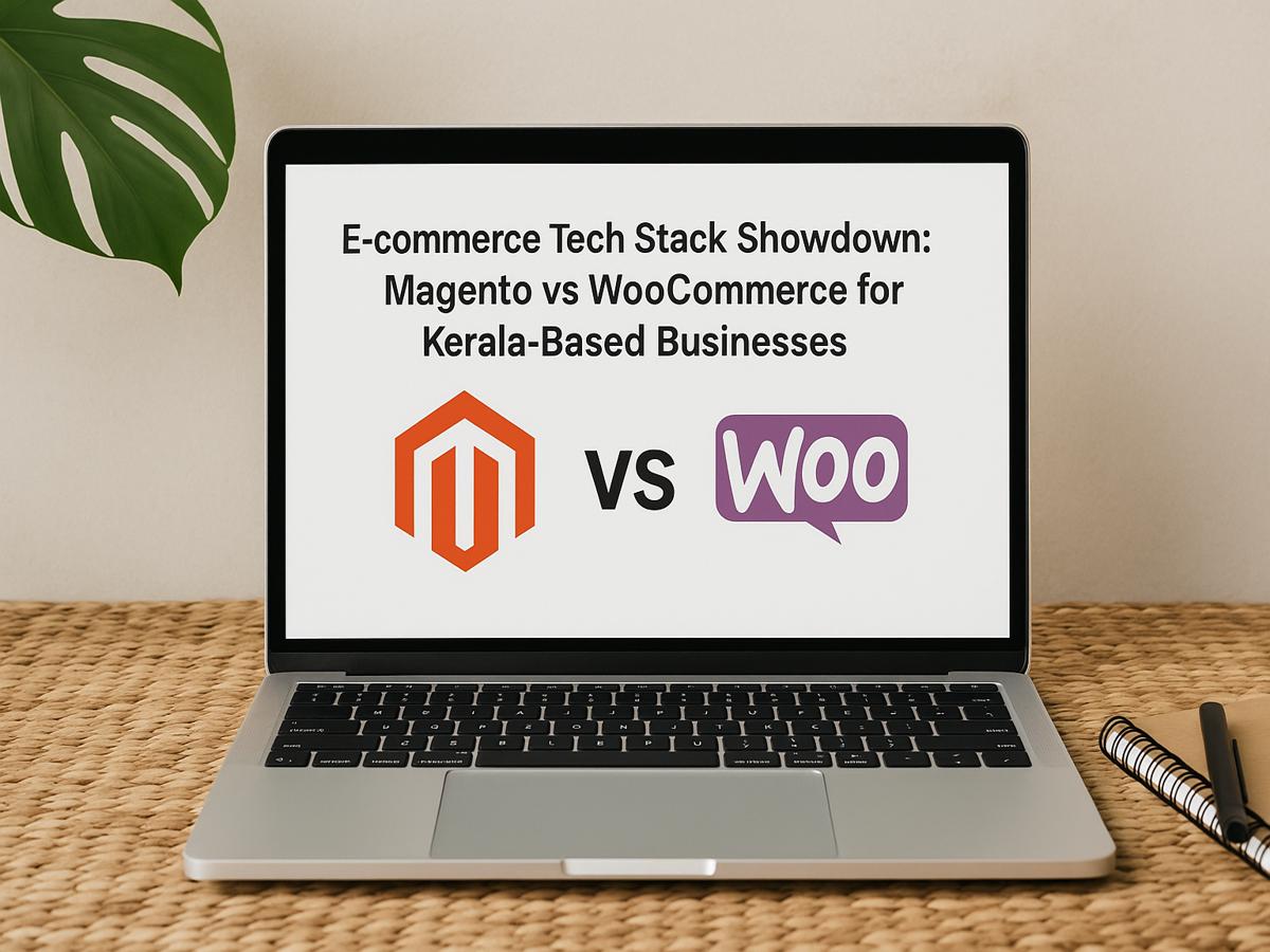 Laptop displaying Magento vs WooCommerce comparison by WooCommerce service provider in Kerala