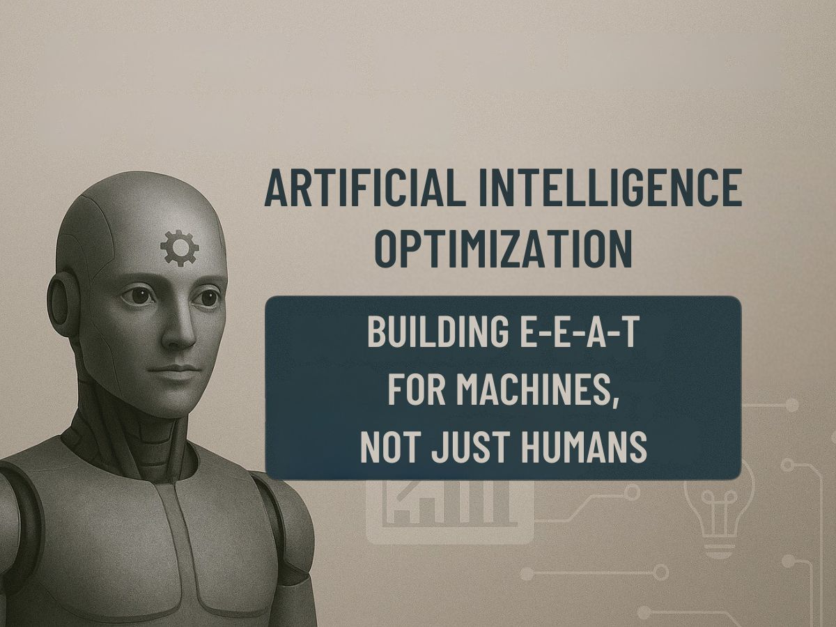 Artificial Intelligence Optimization visual with humanoid robot, highlighting E-E-A-T for machines and humans, linked to seo services in kochi