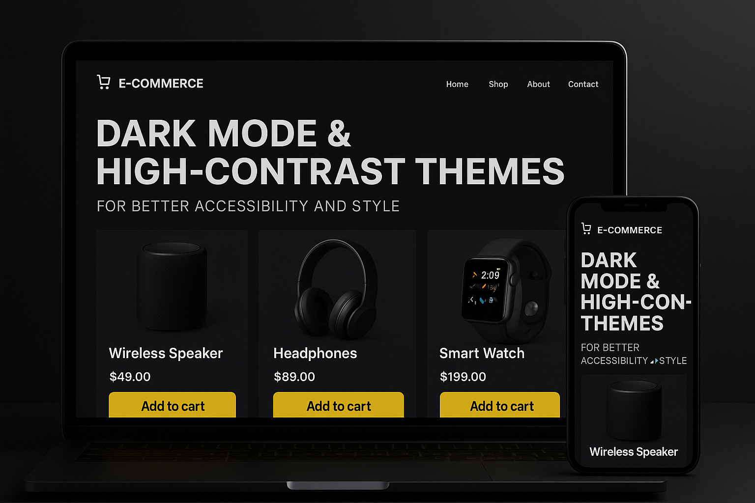 Dark mode e-commerce website interface on laptop and mobile showcasing products, highlighting magento e-commerce website development in kerala