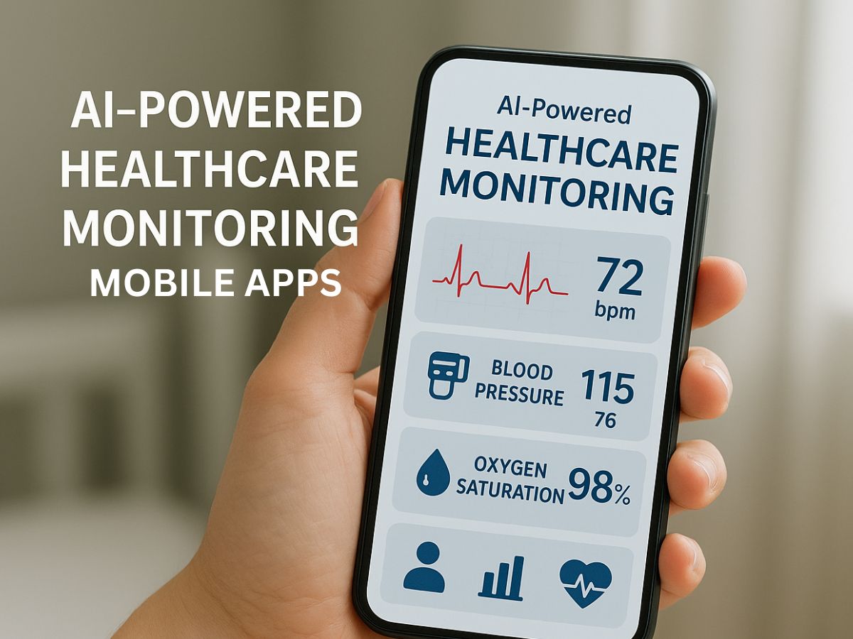 A hand holds a mobile app displaying AI-powered healthcare monitoring,app developers Kerala, healthcare app, AI.