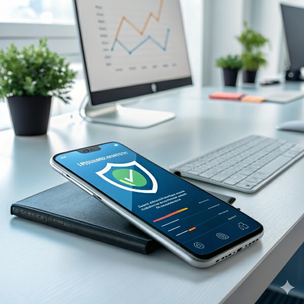 A smartphone displaying a secure app interface on an office desk with computer and charts, representing a leading mobile app development company in India.