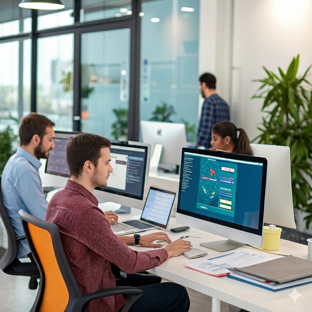 Mobile app developers working on application design and development in a modern office.
