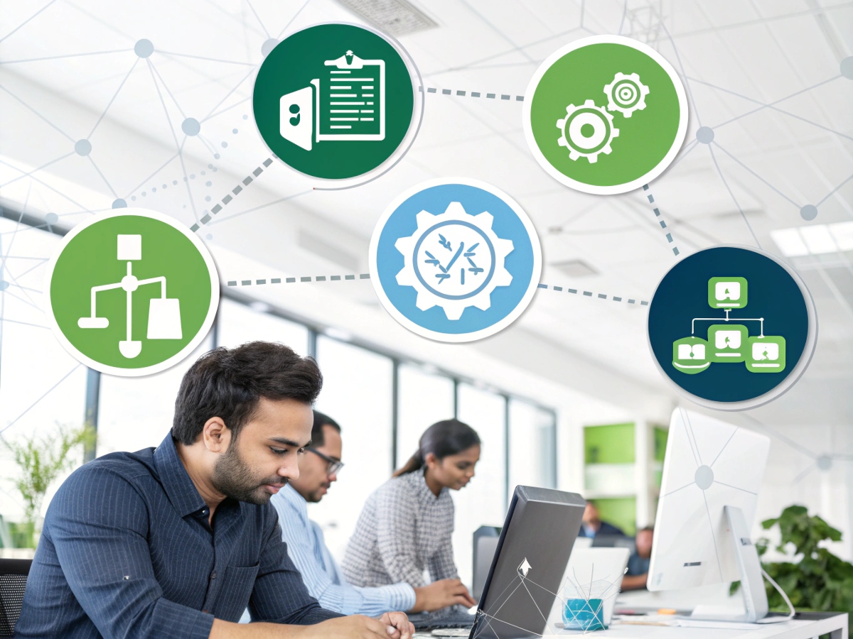 Modern office setting showing developers working. Overhead graphic symbolizes benefits of hiring Shopify developers India