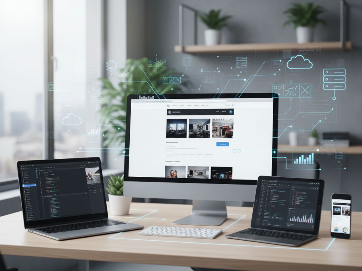 Modern workspace with multiple screens showing a web development dashboard and code, illustrating a digital ecosystem. Perfect for a hire website developer india ad.