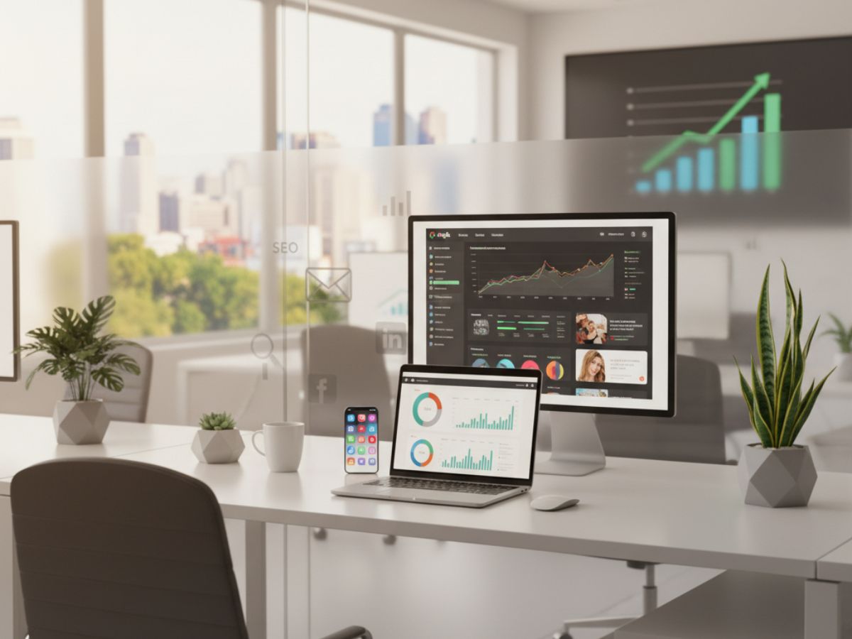 Modern digital workspace with analytics dashboards and rising growth charts, representing the best digital marketing company in Kochi's successful strategies