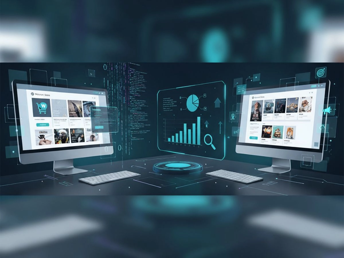 A digital workspace showcasing e commerce website development services in Kochi through online store interfaces and analytics visuals.