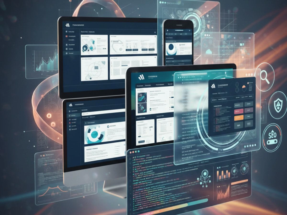 Futuristic website design dashboards on laptops created by the best web design company in Kerala.