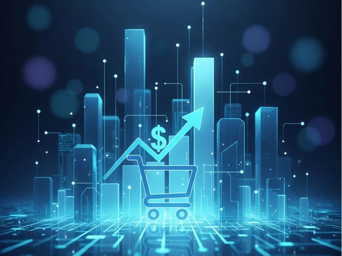 Futuristic digital shopping cart and rising growth graph over a virtual city skyline representing e-commerce website development services in Kochi and online business growth.