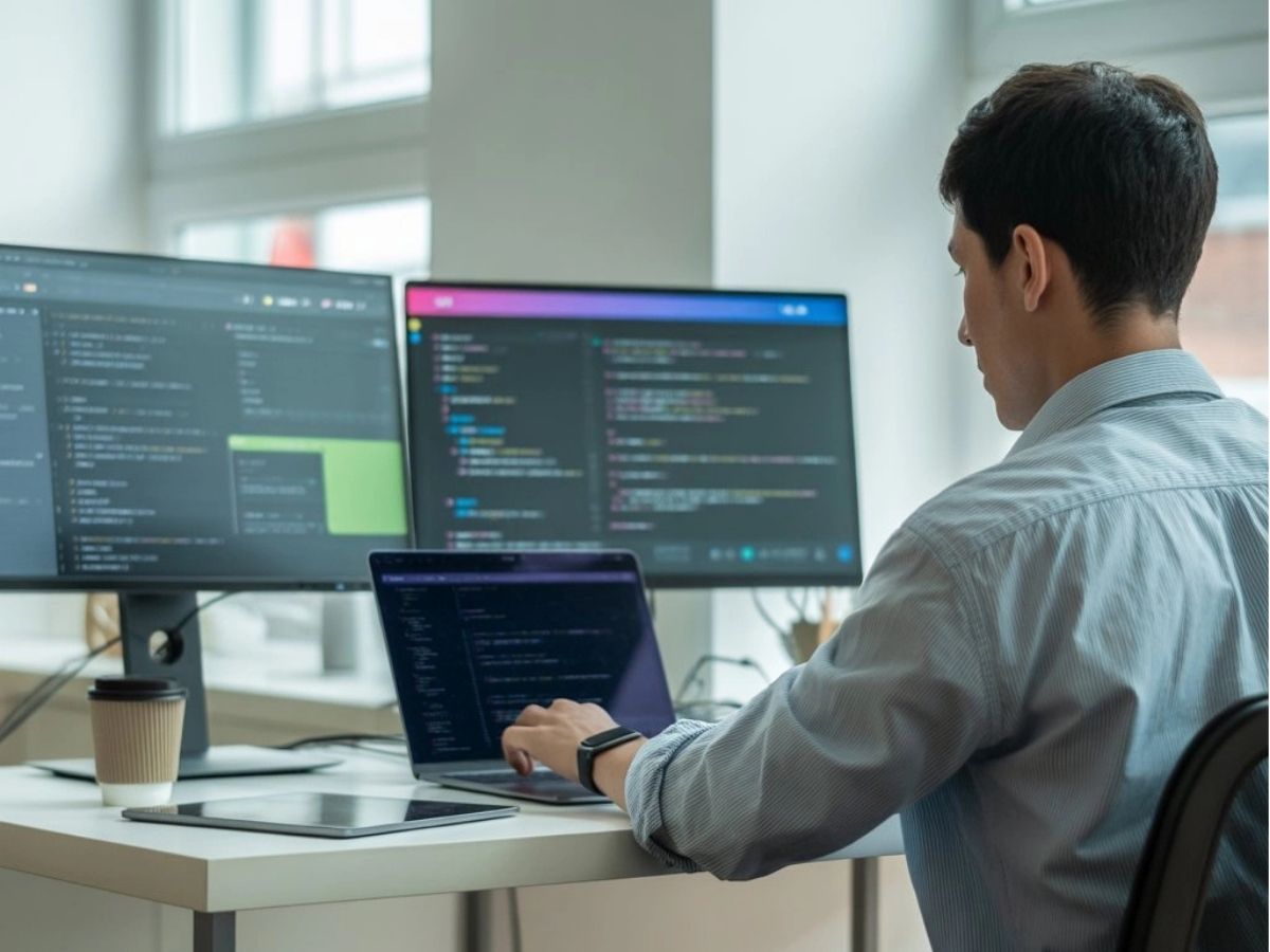 A developer working on multiple screens with code editors open, representing professional Web Application Development in Kerala in a modern office setup.