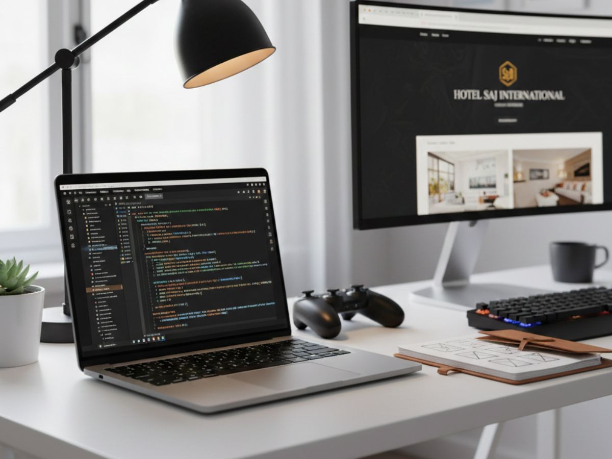 Professional web design workspace showing website development and coding for a modern business website in Kerala