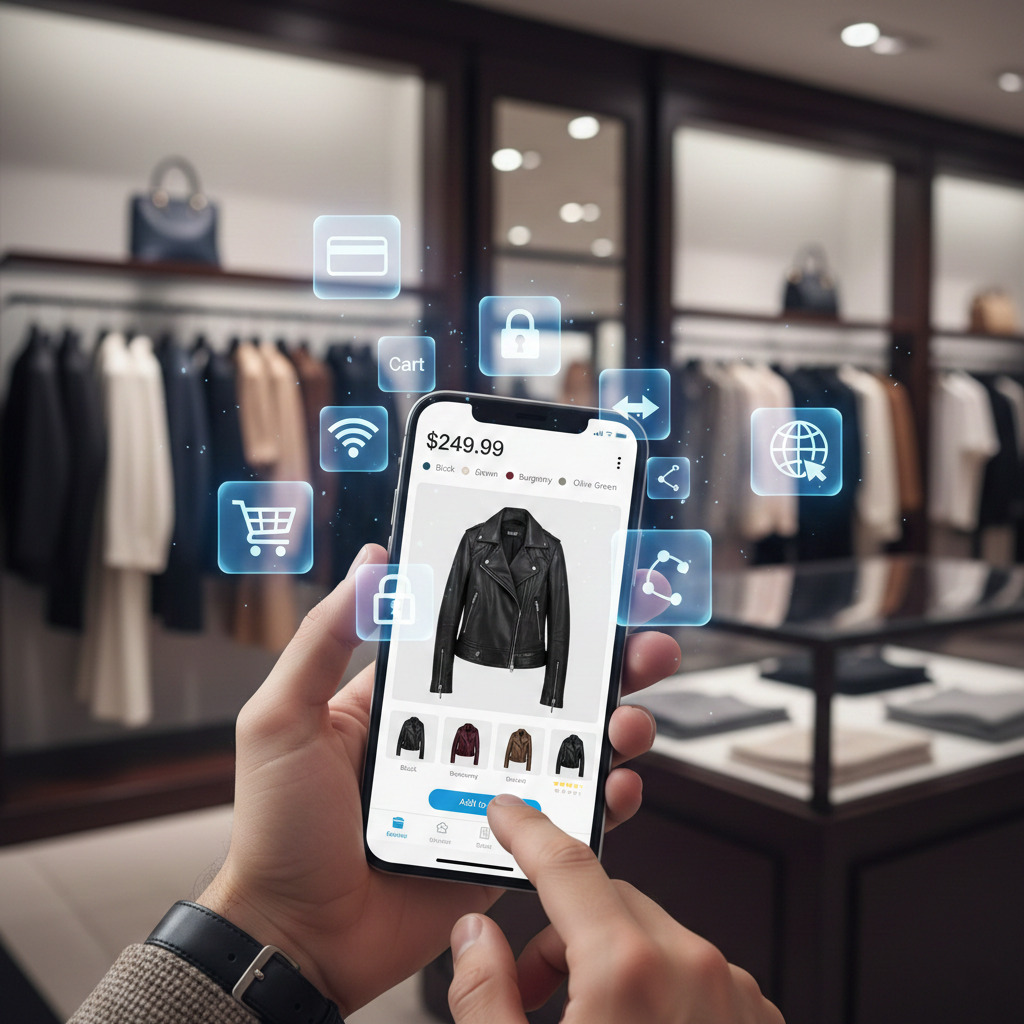 A person holding a smartphone in a modern clothing store, displaying a black leather jacket product page with blue holographic icons and blurred clothing racks in the background.210235