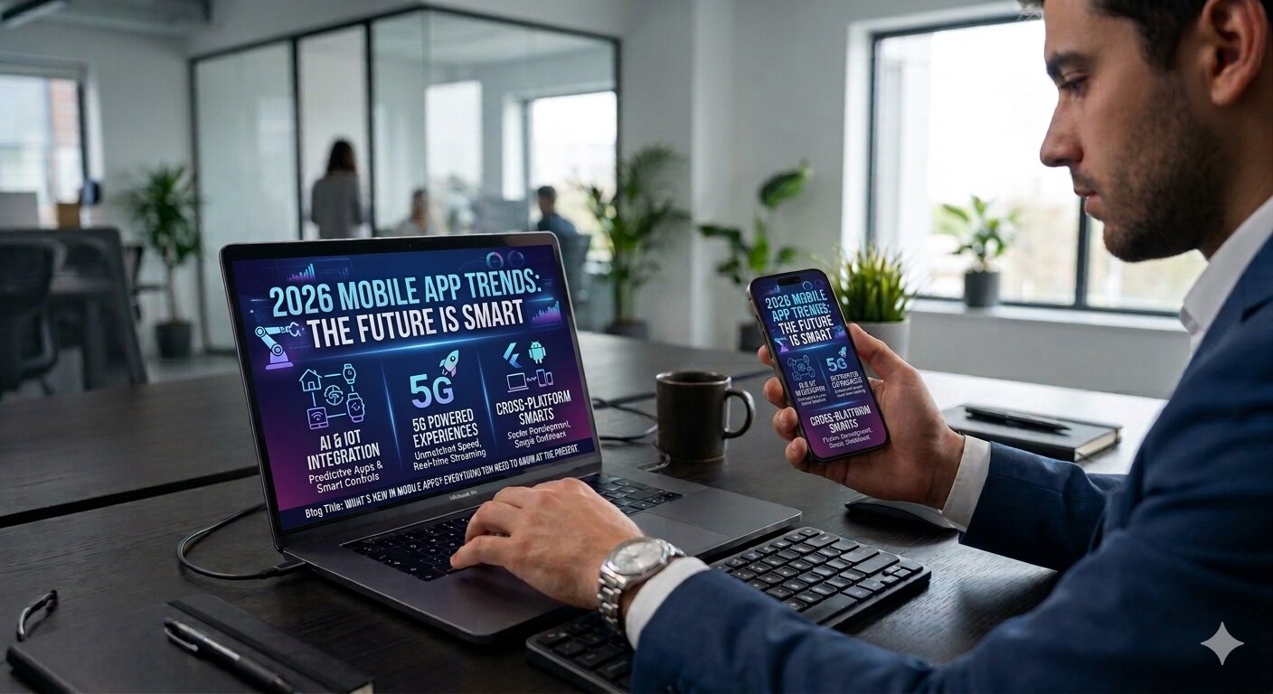 Developer reviewing mobile app development trends for 2026 including AI, 5G, and cross-platform technologies on a laptop and smartphone