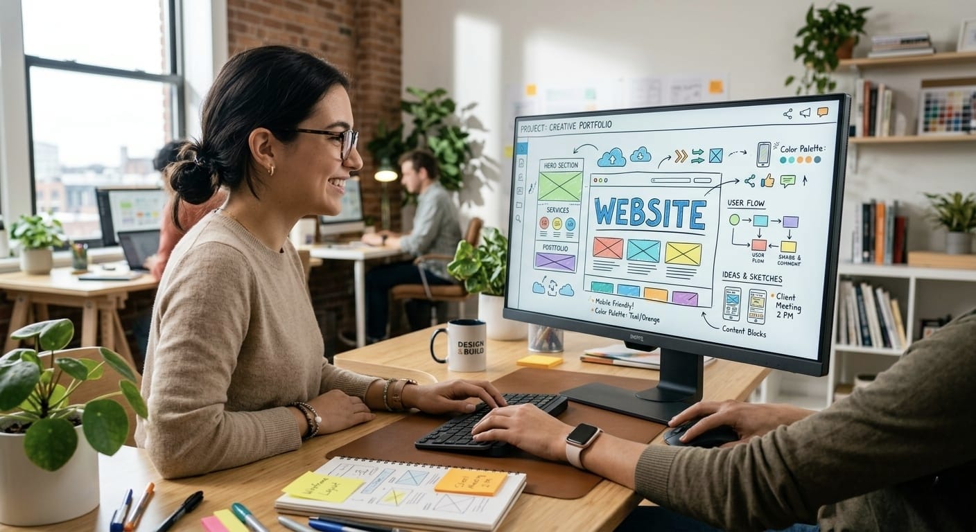 Web design team working on website UI layout at a web design company in Kochi office
