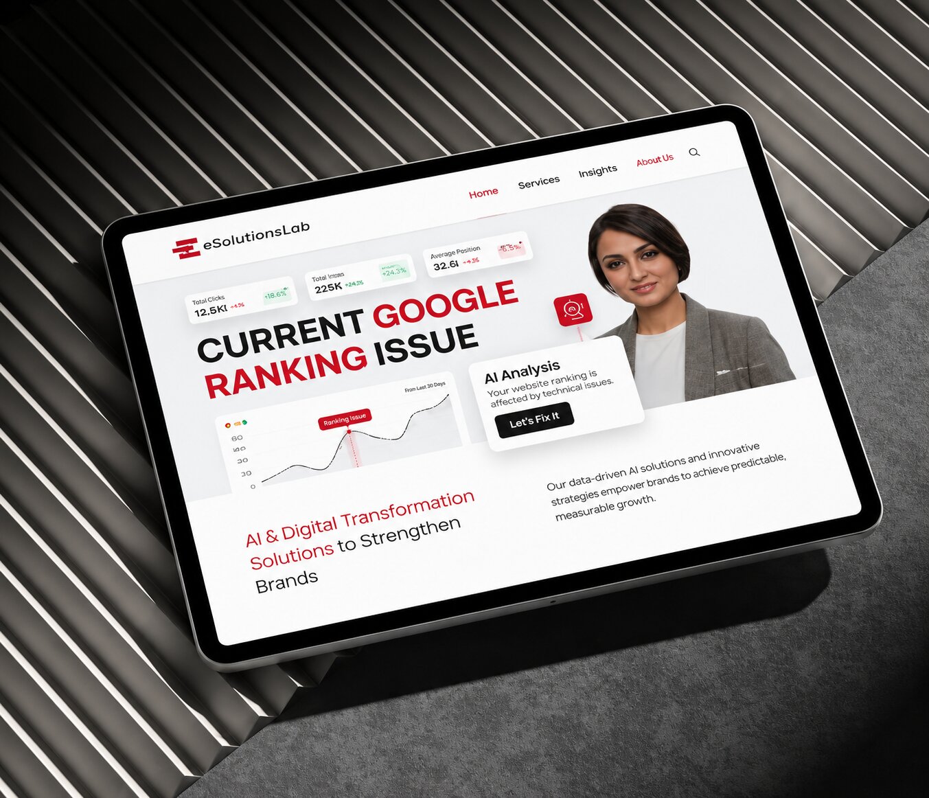 The current Google ranking issue dashboard was displayed on a tablet, showing website analytics, ranking fluctuations, and AI analysis for SEO performance improvement.