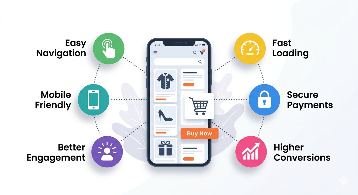Infographic showing an e-commerce mobile app with features including easy navigation, mobile-friendly design, fast loading, secure payments, better engagement, and higher conversions.