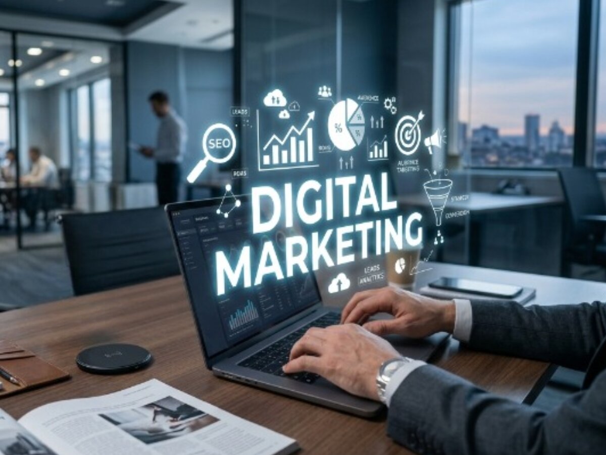 Digital marketing concept showing a professional working on a laptop with glowing SEO, analytics, lead generation, and online marketing icons in a modern office environment.