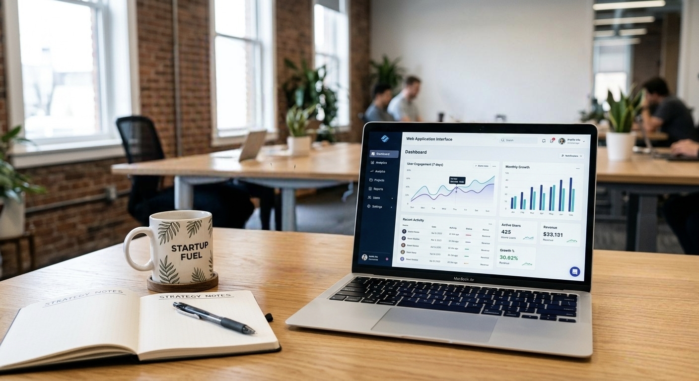 Professional web application development workspace featuring a laptop displaying analytics dashboards, a notebook, and a coffee mug in a modern office environment.