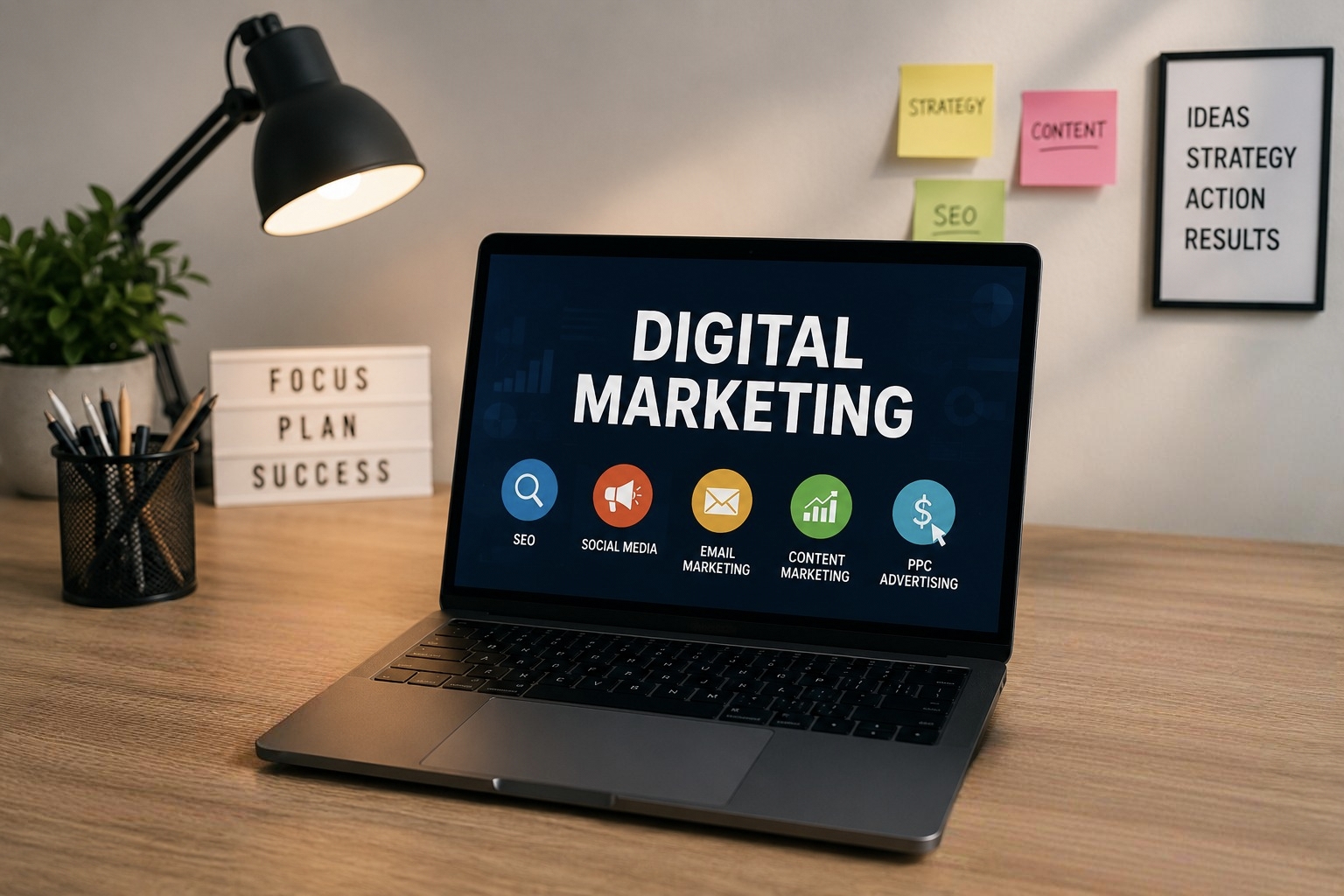 Laptop displaying digital marketing services including SEO, social media, content marketing, email marketing and PPC in Kochi