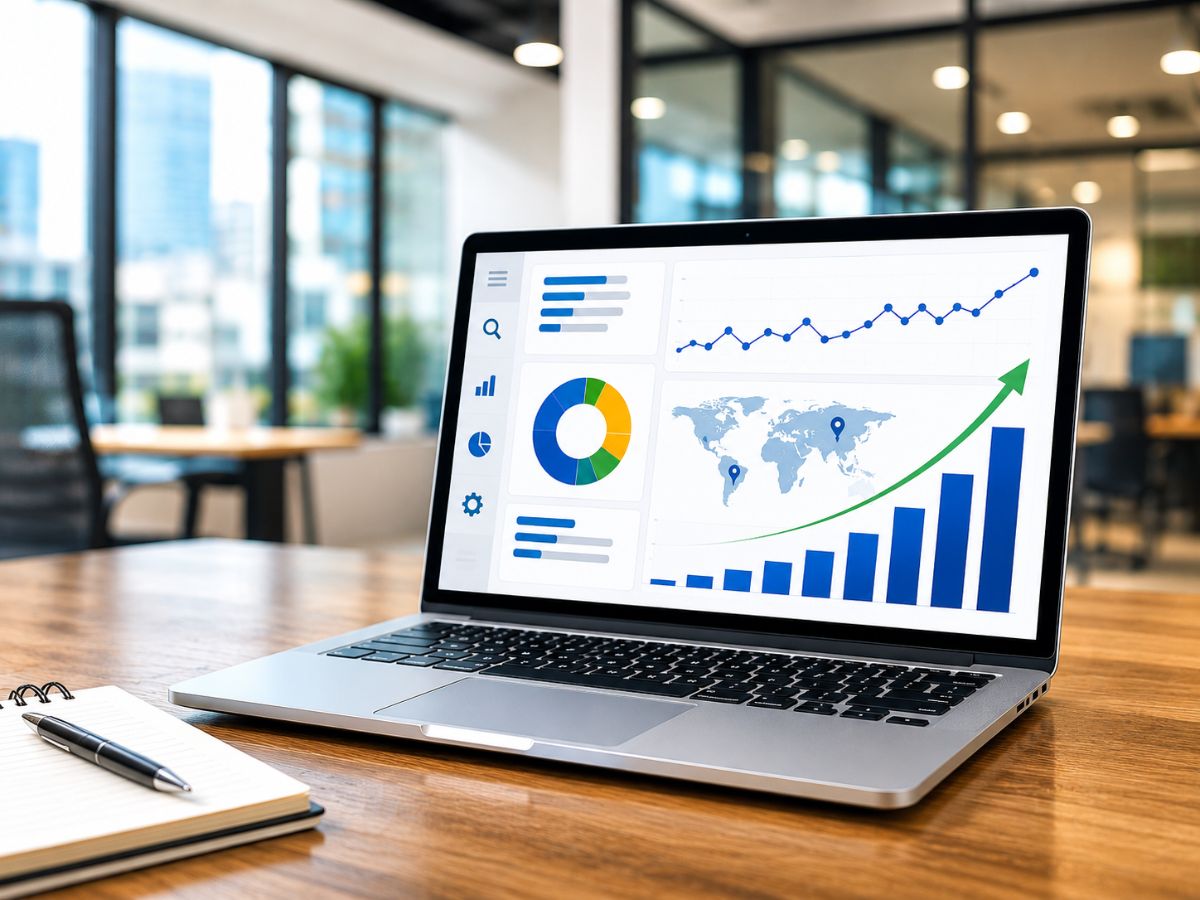 SEO and digital marketing dashboard on a laptop screen showing website traffic, ranking performance, analytics charts, and growth trends