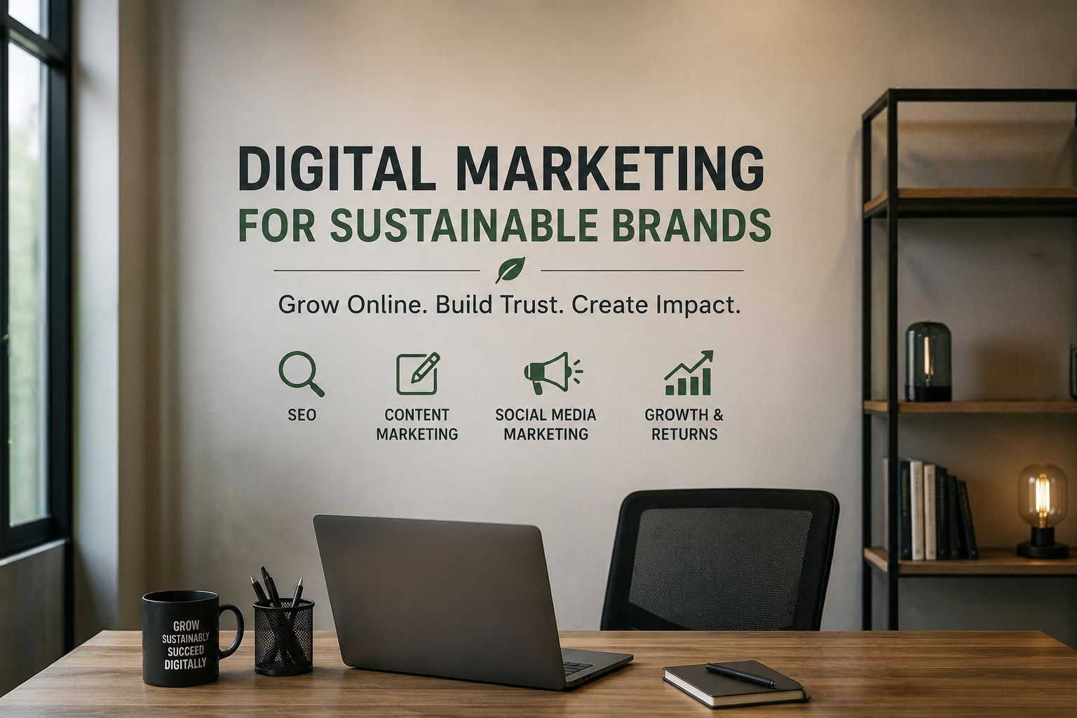 A modern office workspace representing the best digital marketing agency in India, with SEO, content, and growth strategy visuals
