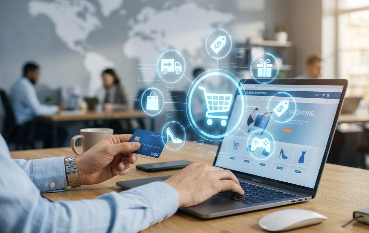 Professional using a credit card on a laptop showcasing Magento e-commerce website development in Kochi