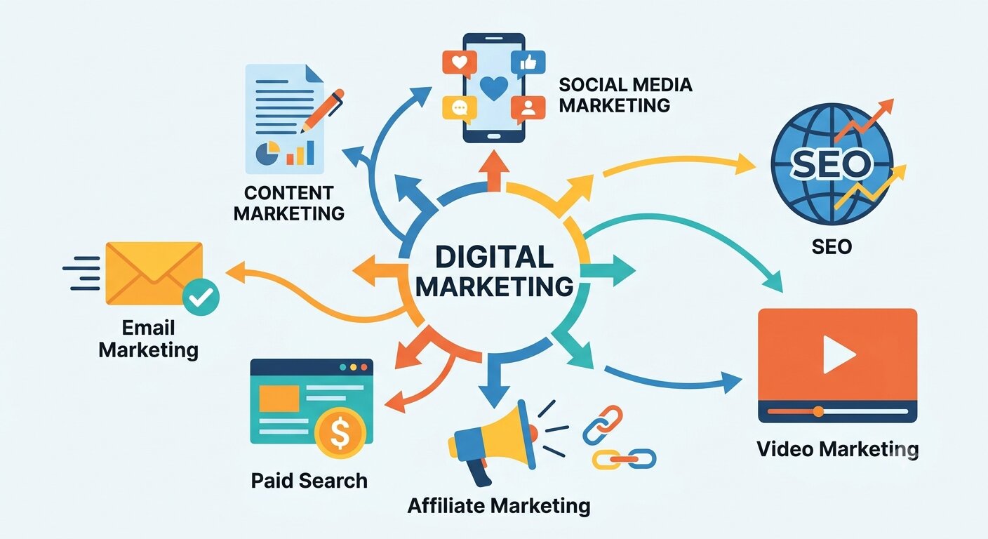 Digital marketing infographic showing SEO, social media, content, email, video, and paid marketing channels.