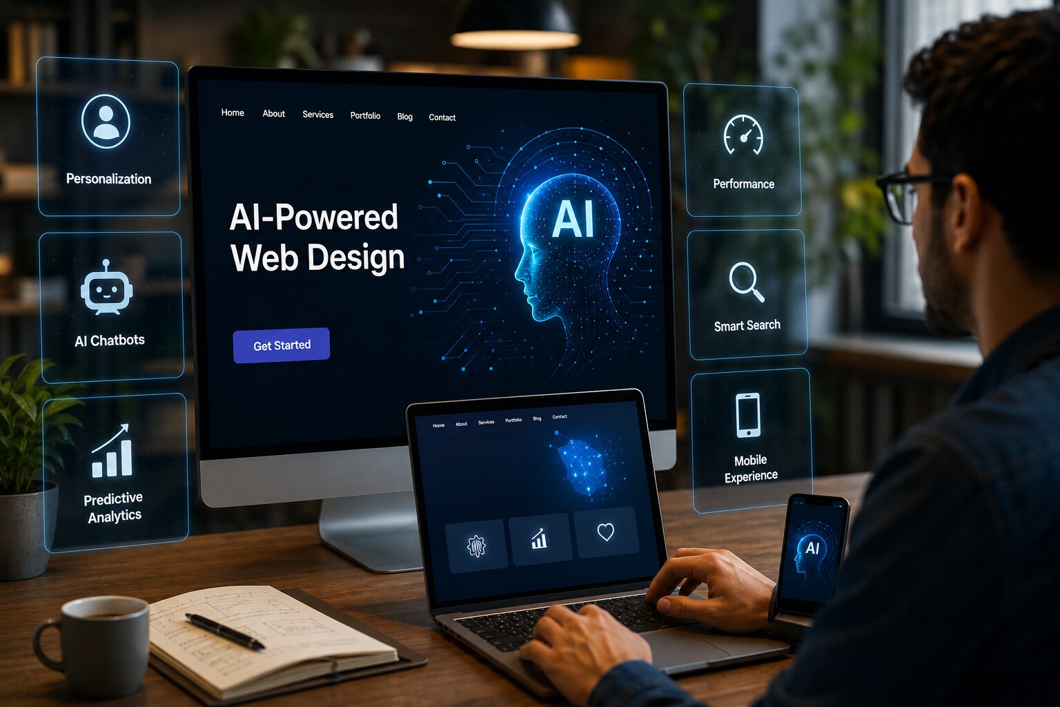 AI-powered web design dashboard showcasing personalized, responsive website development by the best web design company in Kerala.