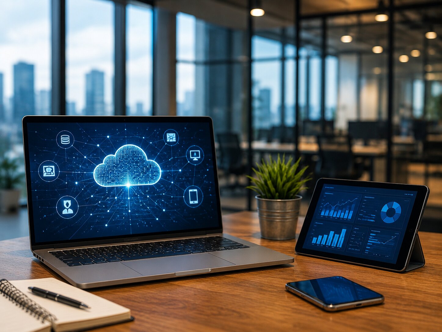 A cloud computing dashboard on a laptop and tablet representing a web application development company in Kochi