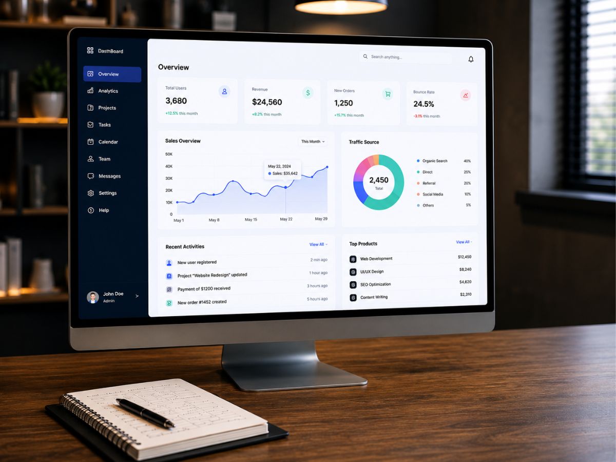 Modern web application dashboard displaying business analytics, user statistics, revenue tracking, sales reports, and interactive data visualization on a desktop monitor.