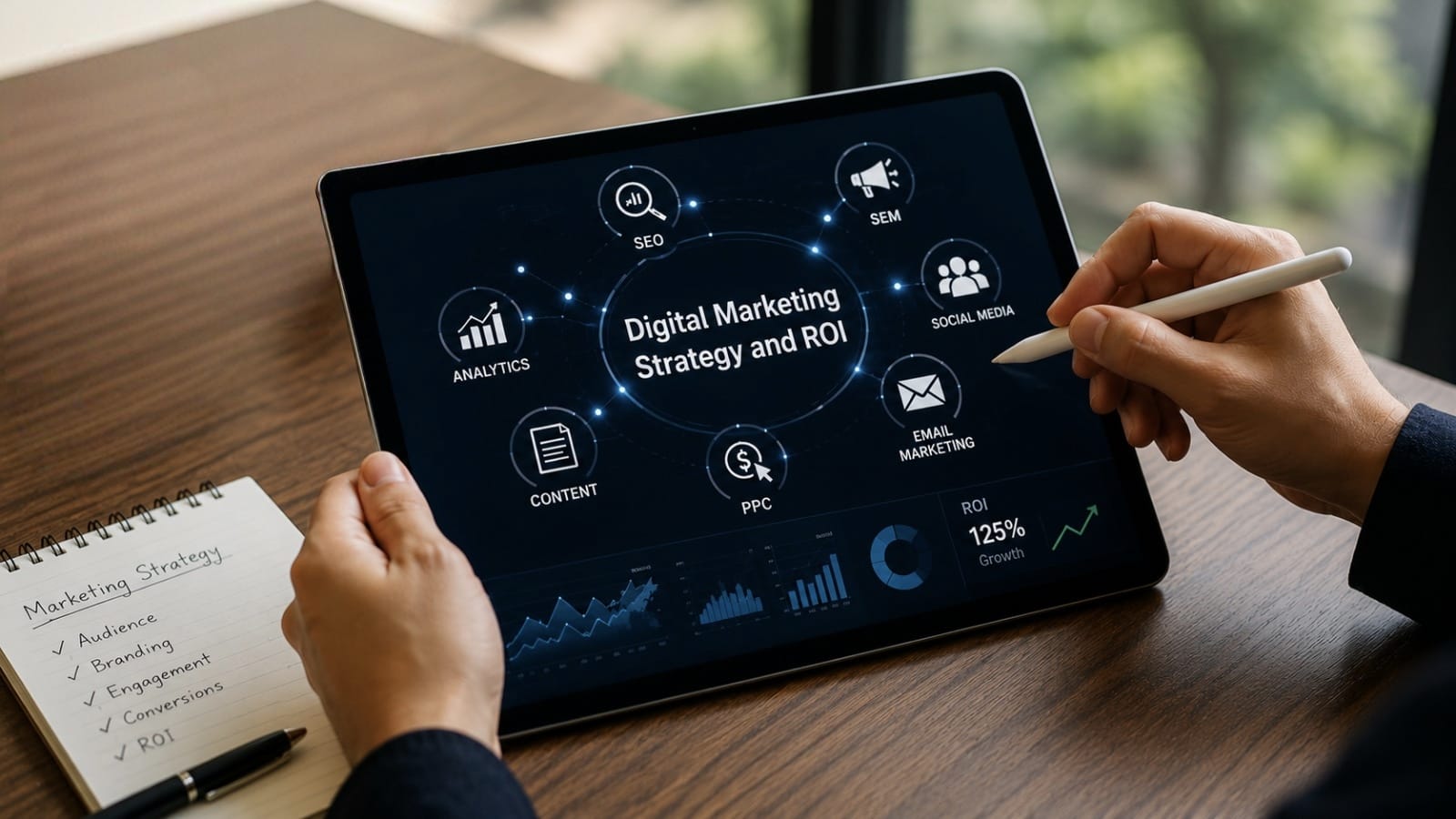 Professional using a tablet to analyze digital marketing strategy and ROI with advanced analytics in Kerala.