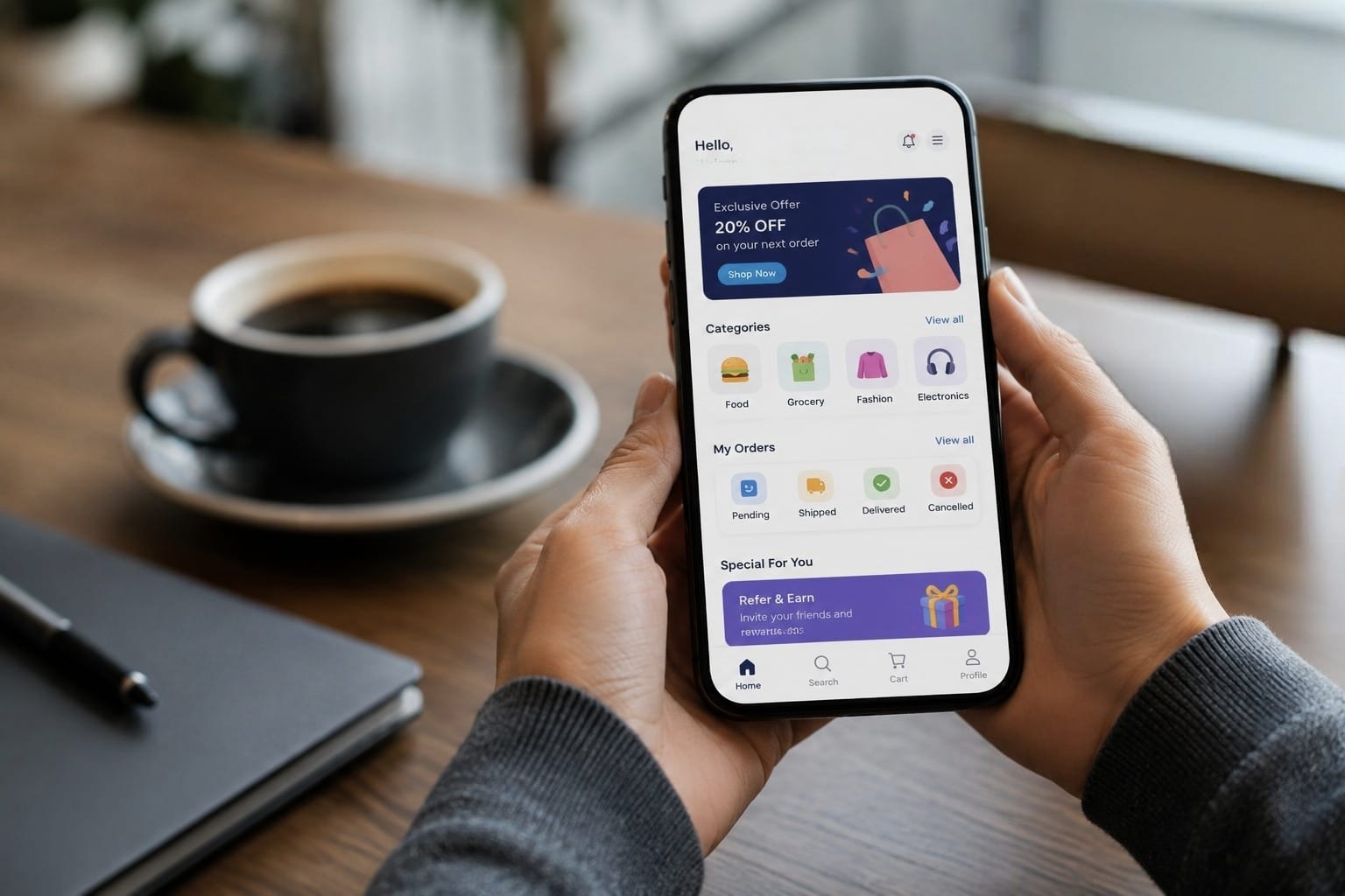 Person using a custom mobile app showcasing personalized features to improve customer engagement and loyalty.