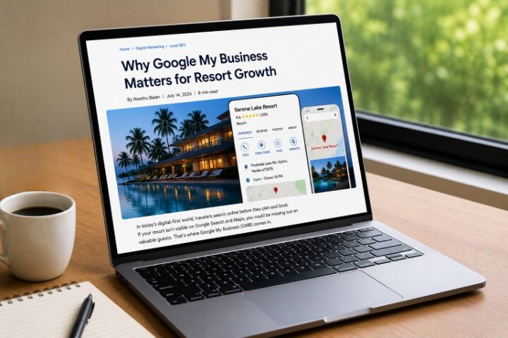 Resort staff welcoming guests while a Google Business Profile is displayed on a laptop, helping improve online visibility and increase bookings.