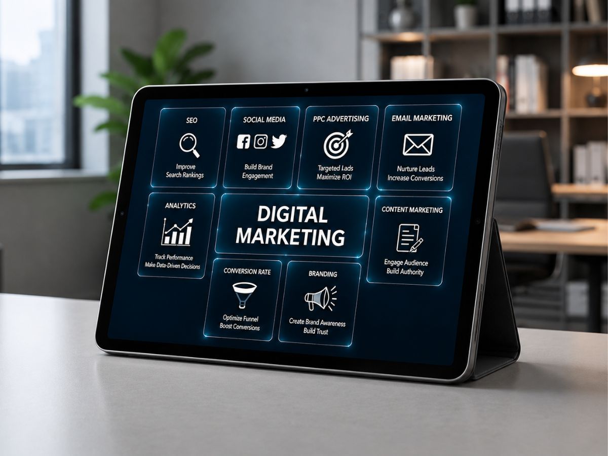 Tablet showing a digital marketing strategy dashboard including SEO, social media marketing, PPC, email marketing, analytics, content marketing, branding, and conversion optimization.