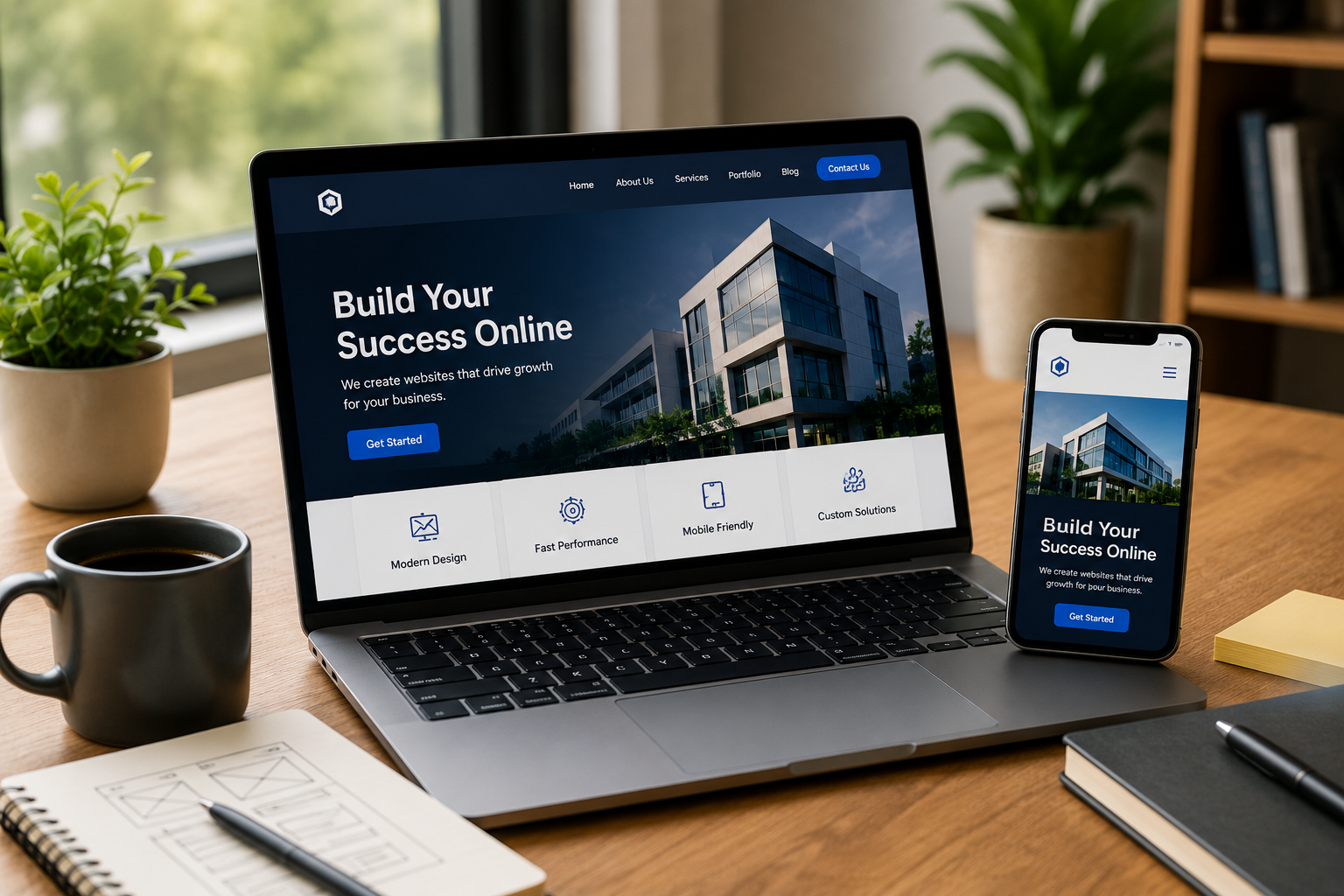 Laptop and smartphone displaying a responsive business website, representing professional web design and mobile-friendly website development