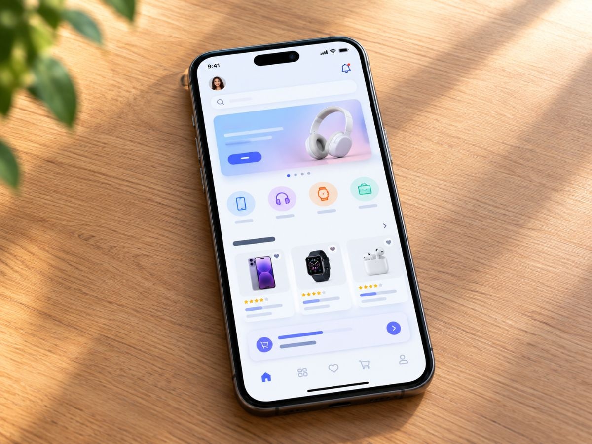 E-commerce mobile shopping app interface displayed on a smartphone, featuring product listings, headphones, smartwatch, smartphone, and shopping cart icons.