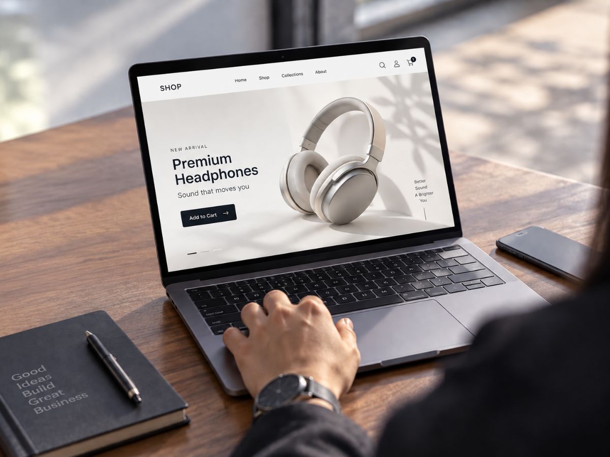 Modern e-commerce website displayed on a laptop with a premium product page, smooth shopping interface, and user-friendly online store design