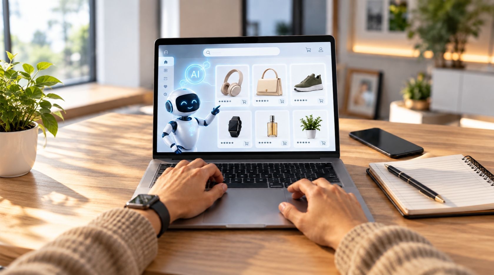 AI-powered e-commerce shopping interface displaying products on a laptop.