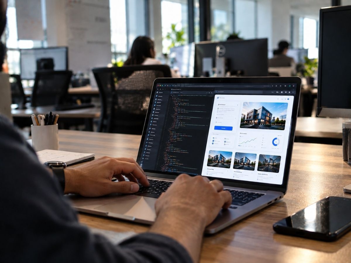 Men working on a laptop with a digital analytics dashboard in a modern office workspace