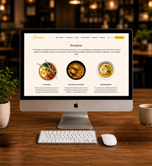 Desktop computer displaying the Tastelab website, focusing on core values of culinary innovation and precision.