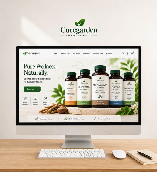 Laptop monitor displaying the Curegarden Supplements website with an extensive range of herbal capsules and beauty supplements.