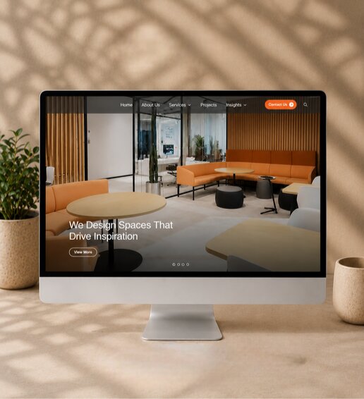 Desktop view of the WhiteMonde interior design and fit-out company homepage showcasing a modern office interior with responsive website design.