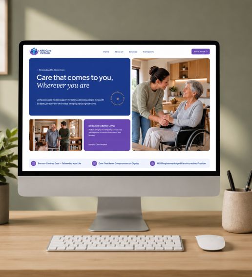 Desktop monitor displaying a modern senior care website homepage with responsive layout, caregiver services, elderly support information, and accessible user experience.