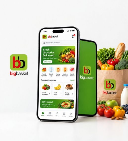 BigBasket mobile grocery shopping app displayed on smartphones with fresh groceries and a BigBasket shopping bag
