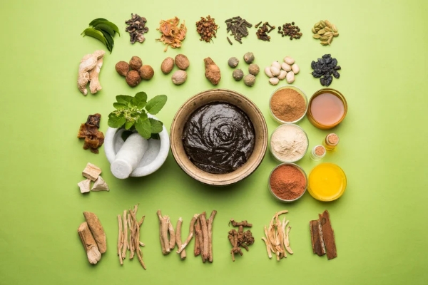 A flat lay composition on a light green background featuring a central bowl of dark, thick Chyawanprash paste, surrounded by various neatly arranged Ayurvedic raw herbs, spices, powders, honey, and a white mortar and pestle with fresh Tulsi leaves.