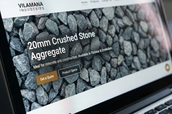 Vilamana Industries website showing 20mm crushed stone aggregate product page.