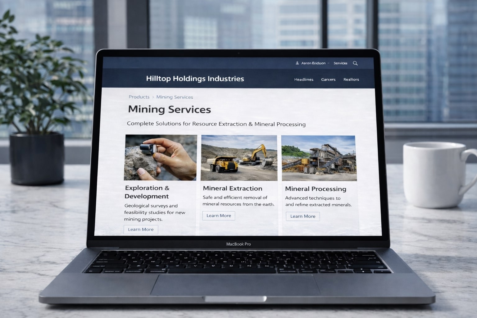 Mining services website on a laptop highlighting exploration, mineral extraction, and mineral processing solutions